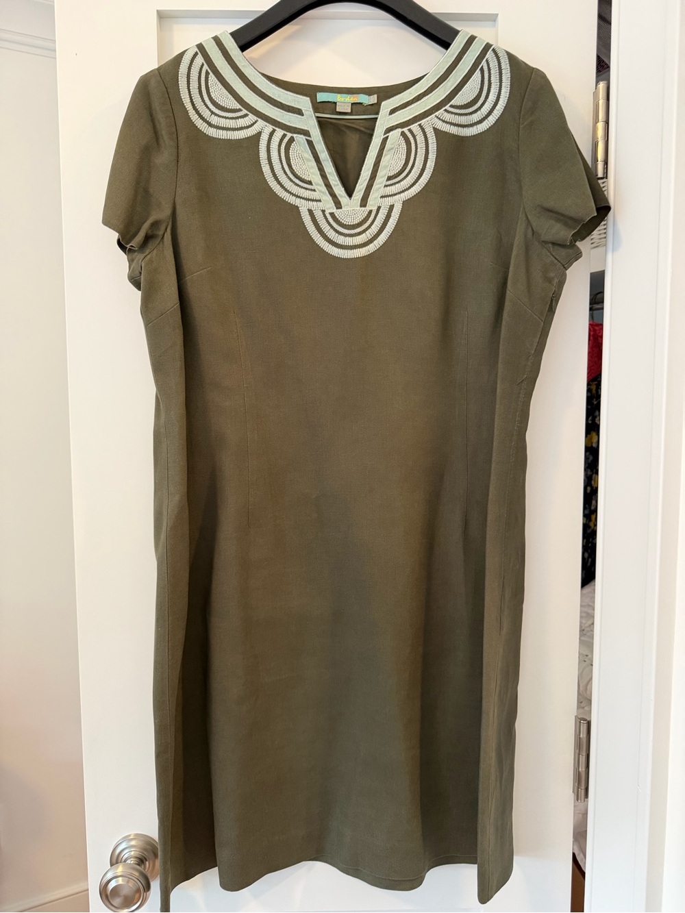Boden Midi Dress with Mint Green Embroidered Neckline